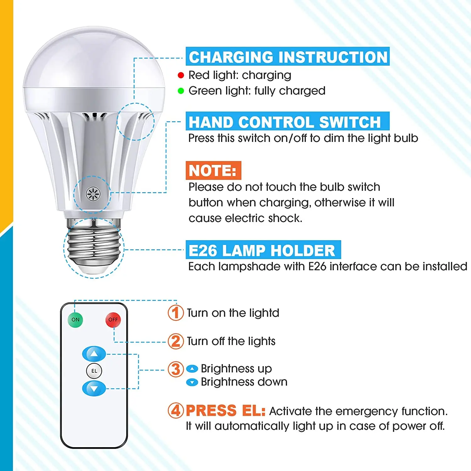 New 7W E27 Emergency Light Bulb Rechargeable  Remote Control  Dimming LED Lemp Tent Light bulb Insect and Dust Proof