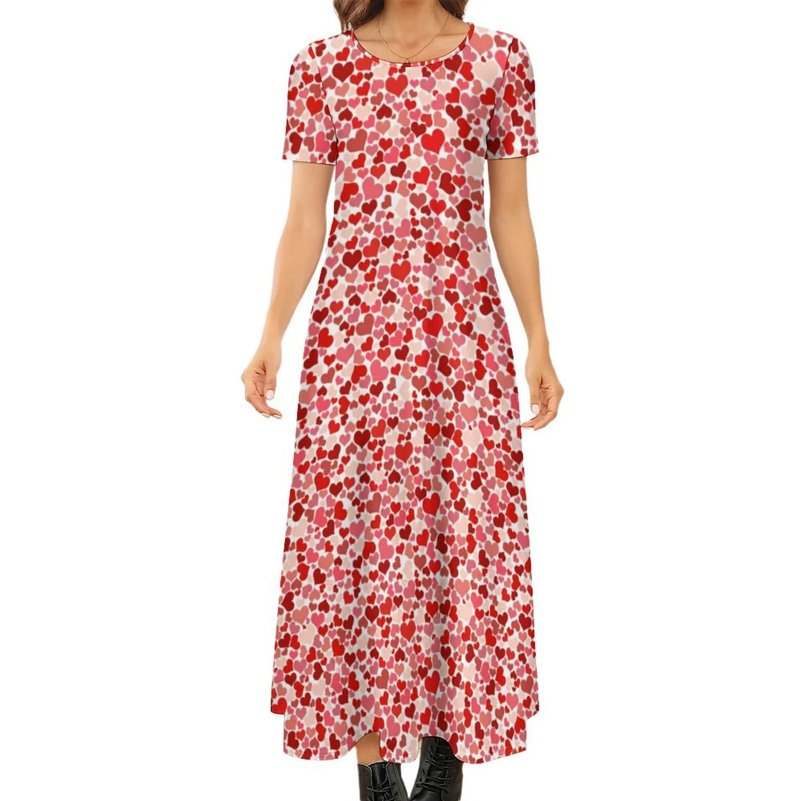 

Red Heart Print Dress Valentines Day Elegant Maxi Dress Female Short Sleeve Street Wear Bohemia Long Dresses 5XL 6XL 7XL