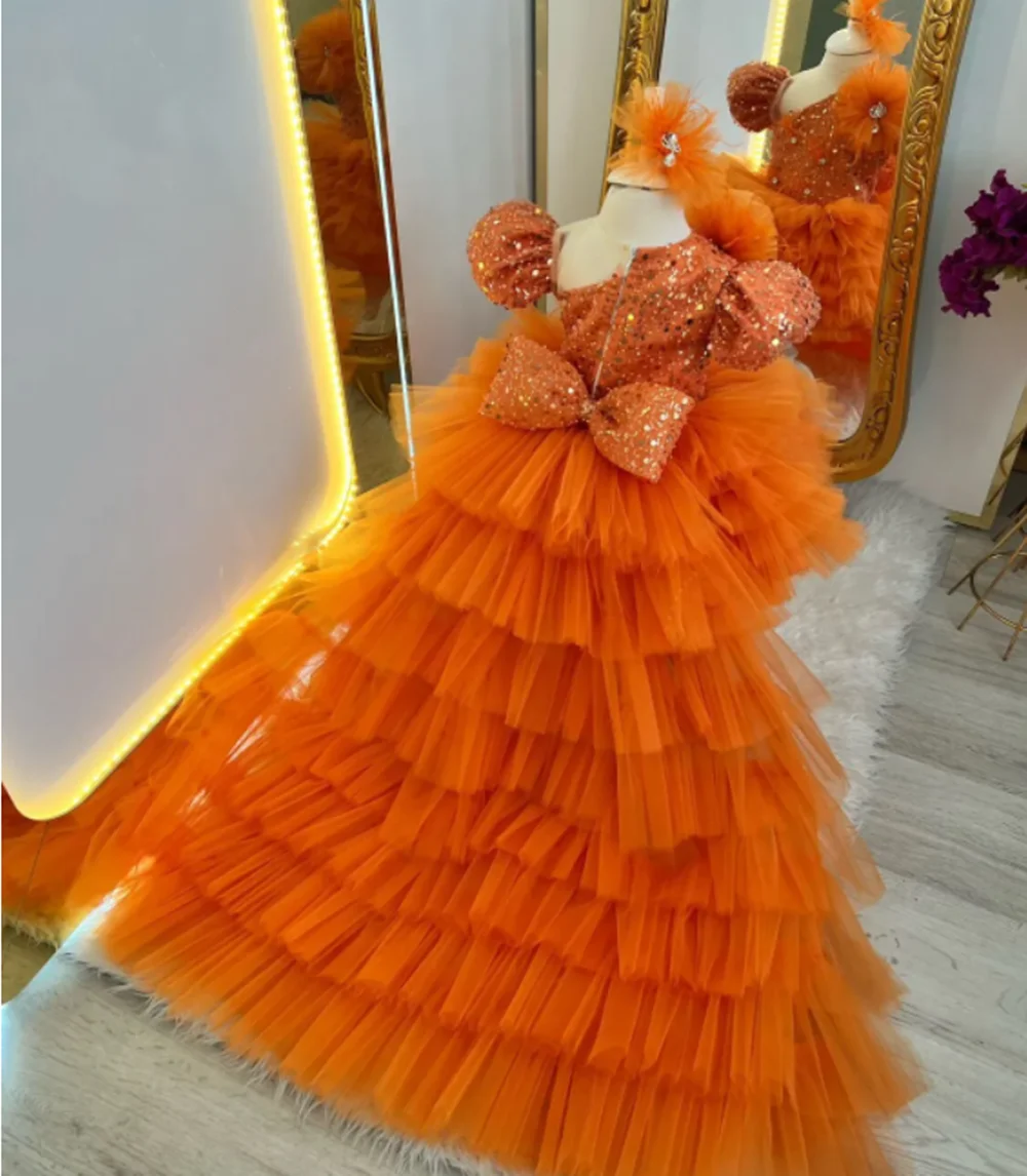 Orange Flower Girl Dresses for Wedding Sequin Puffy Layered Tulle with Bow Dress Formal Party Birthday Baby Princess Ball Gowns