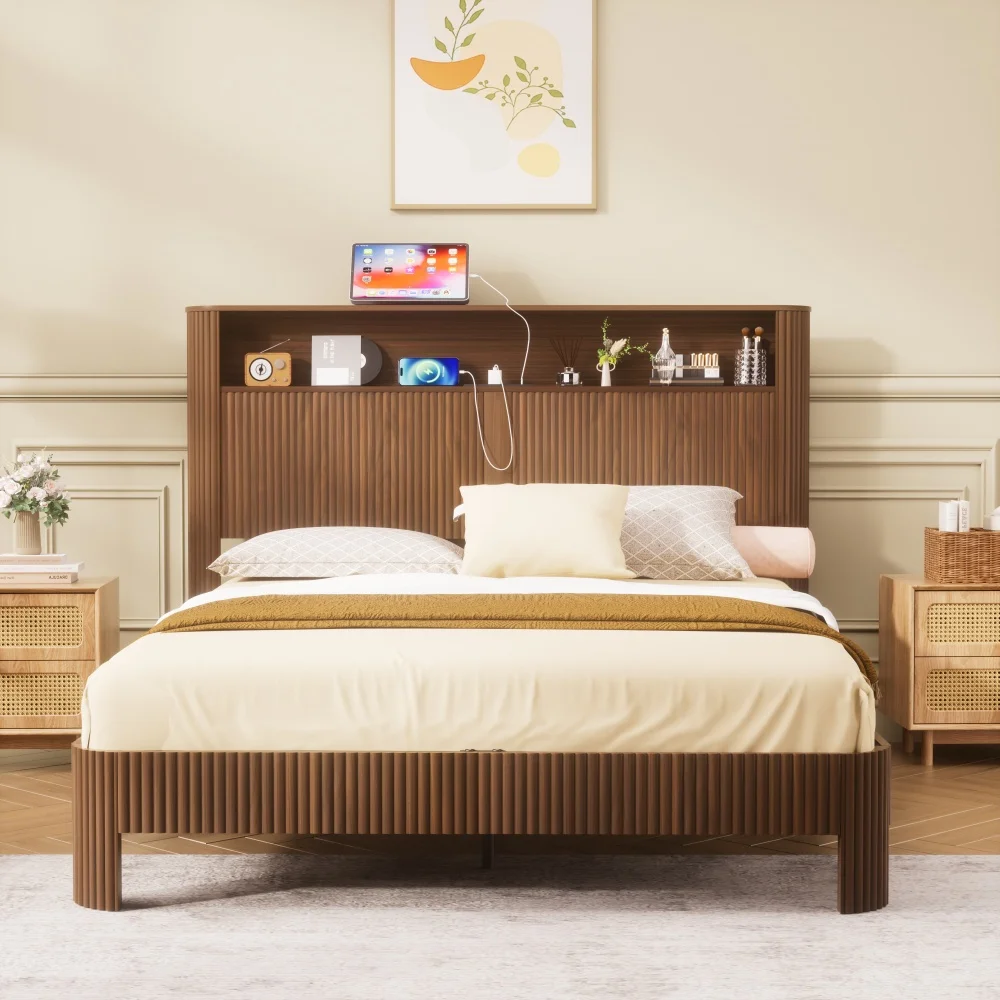 

Queen-size slatted bed frame with storage, built-in charging ports, wave-shaped design, and metal support structure, Walnut
