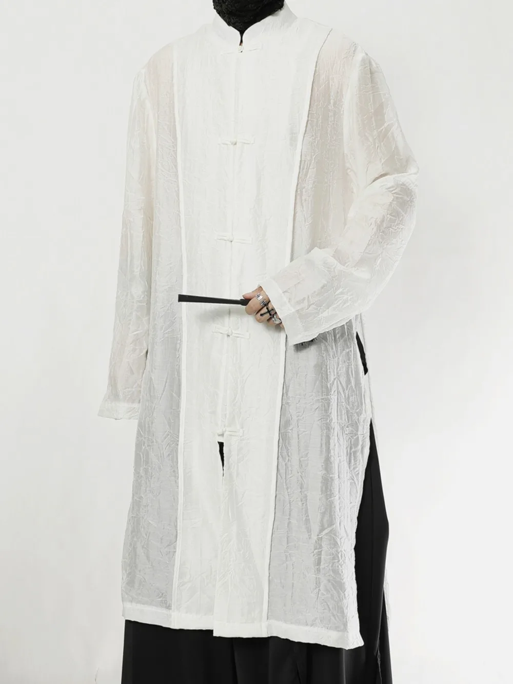 High Street Summer Thin Casual Shirt Men's Chinese Style Stand Up Collar Buckle Zen Style Elegant Long Loose Long Sleeved Shirt
