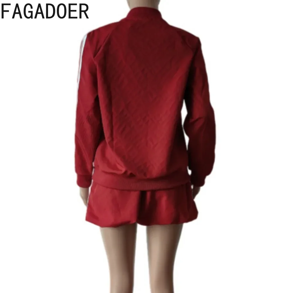 FAGADOER Casual Solid 2 Piece Sets Women Outfit Zip Long Sleeves Stripe Patchowrk Crop Jacket + Bubble Puff Skirt Suits 2025 New