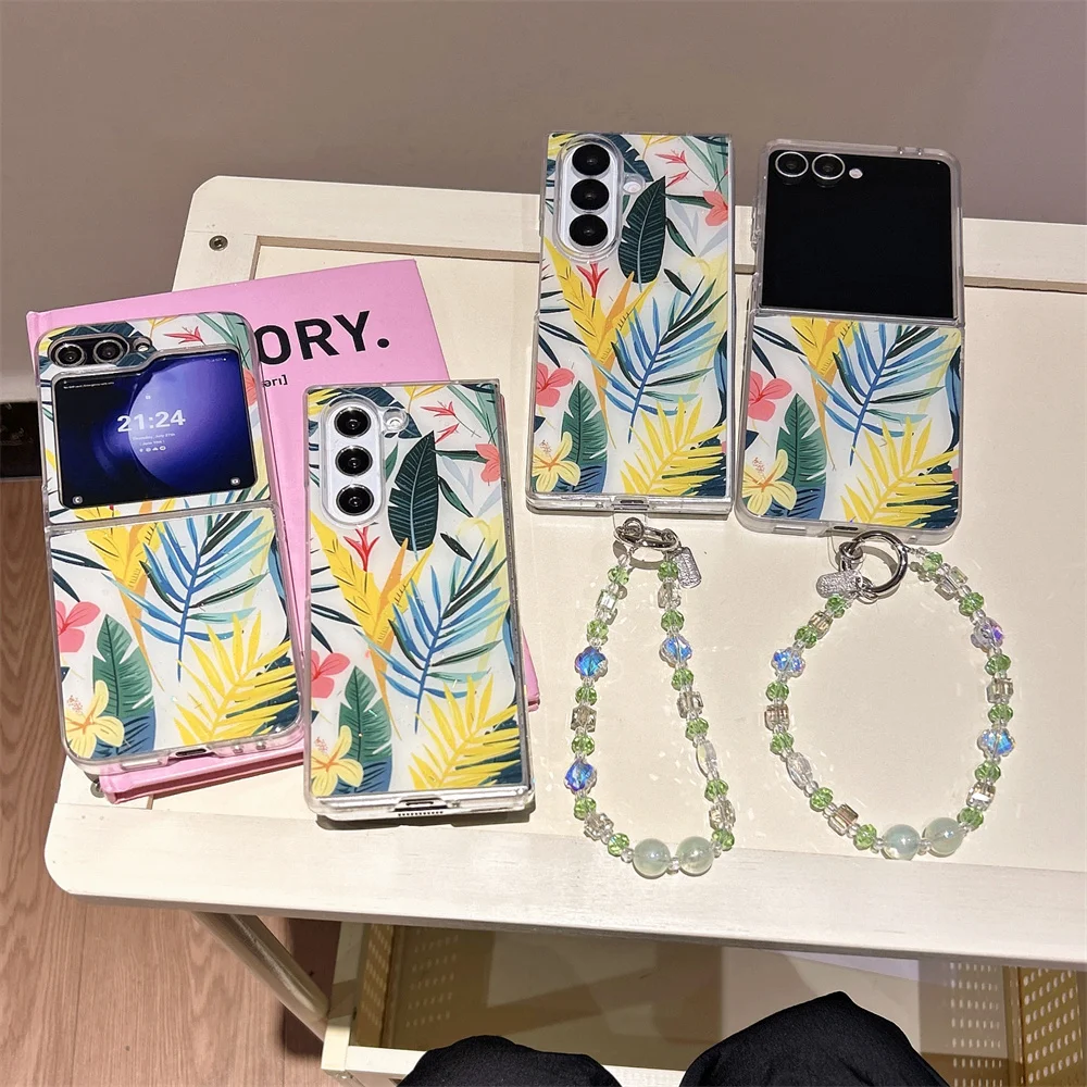 Summer Exotic Tropical Palm Leaf Floral Print Phone Case for Samsung Galaxy Z Fold 7 Bead Wrist Strap Cover for Z Flip 7-3