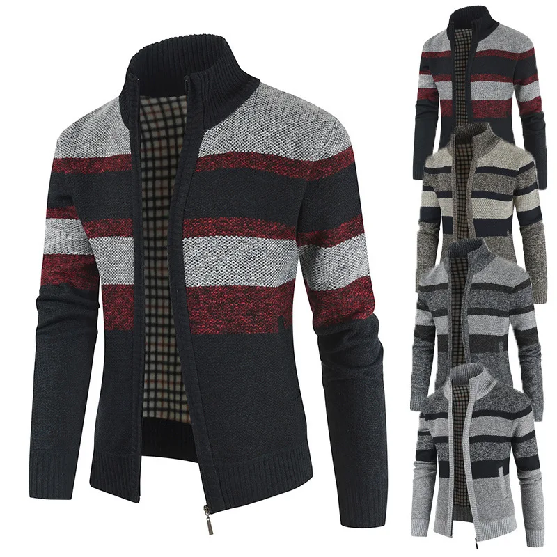 

loween Men's Knitted Sweater Fce Lined Long Sve Stand Collar Cardigan Autumn Winter New Sle Casual Faion Top