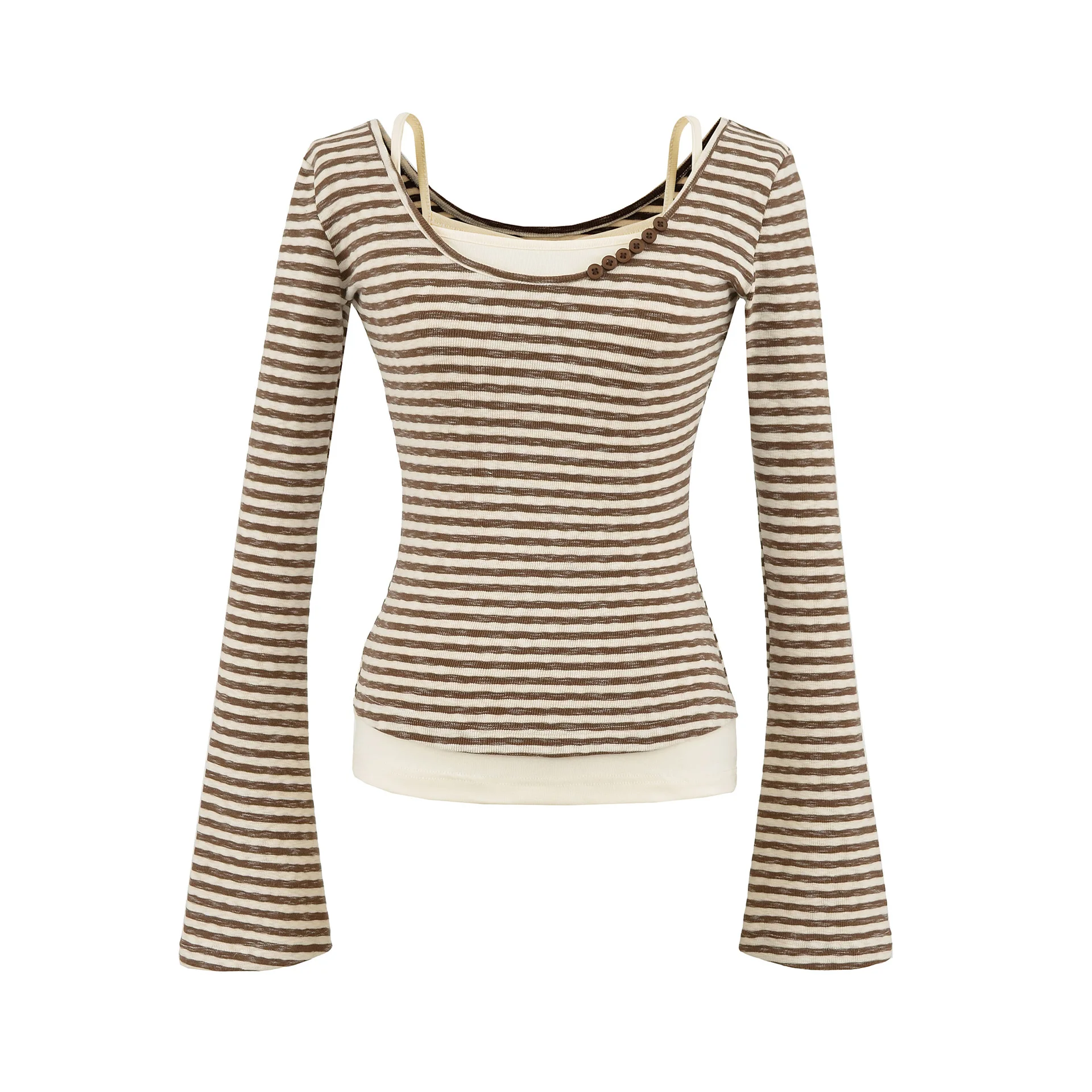 Sexy round-neck camisole faux two-piece long-sleeve top slim-fit curved short style with bell sleeves and waist-cinching D1VR