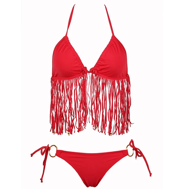 Sexy Tassel Red Bikini Swimwear Women Swimsuit Sexy Push Up Micro Bikinis Set Swimming Bathing Suit Beachwear