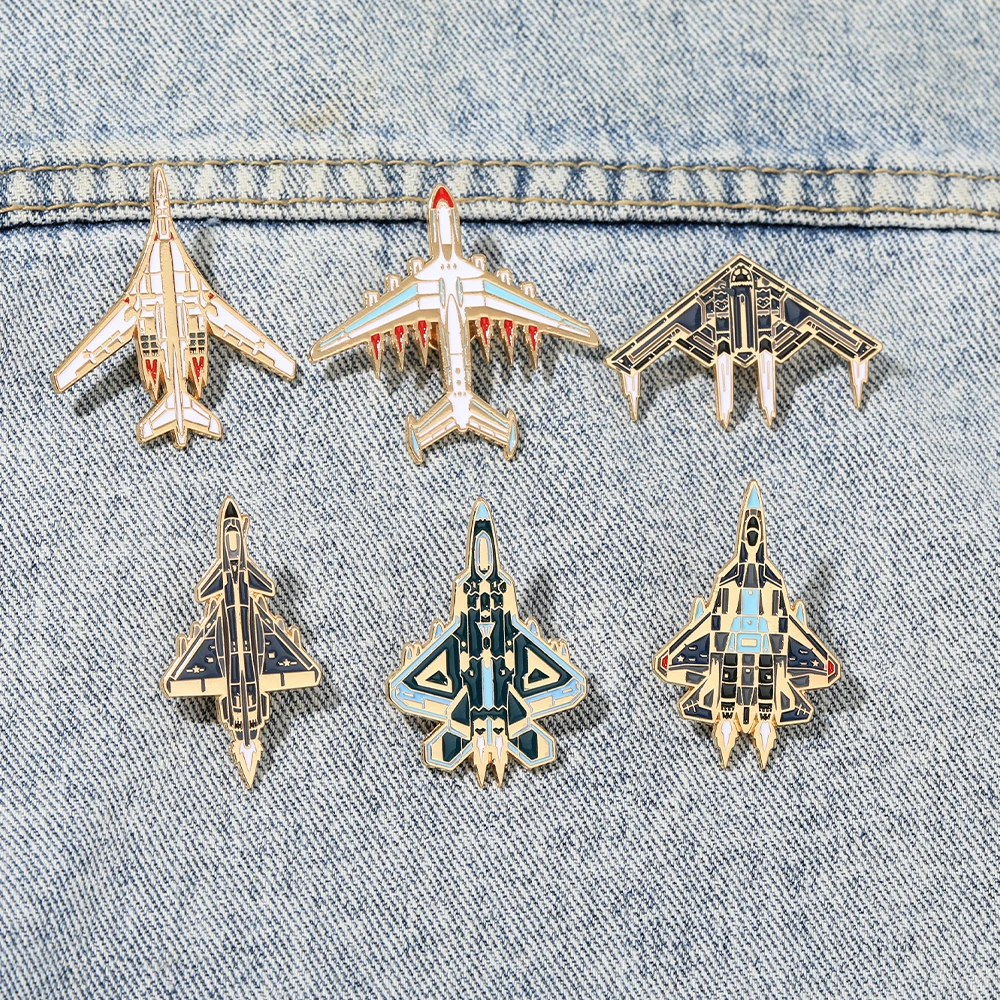 6Styles Classic Fighter Jet Shaped Enamel Pins Funny B2 Bomber J20 Design Golden Brooches