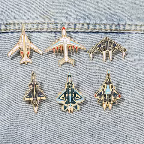 6Styles Classic Fighter Jet Shaped Enamel Pins Funny B2 Bomber J20 Design Golden Brooches
