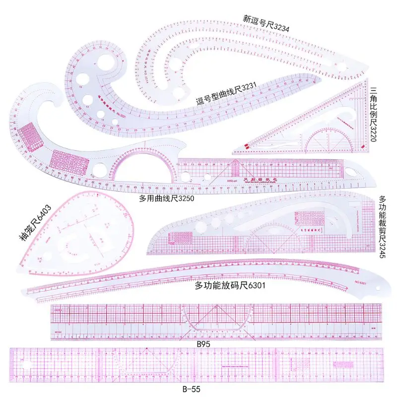 Sewing Ruler Set of 9 Dressmaking Tailor Drawing Template, Craft Tool for Professional Tailor Cutting, Drop Shipping