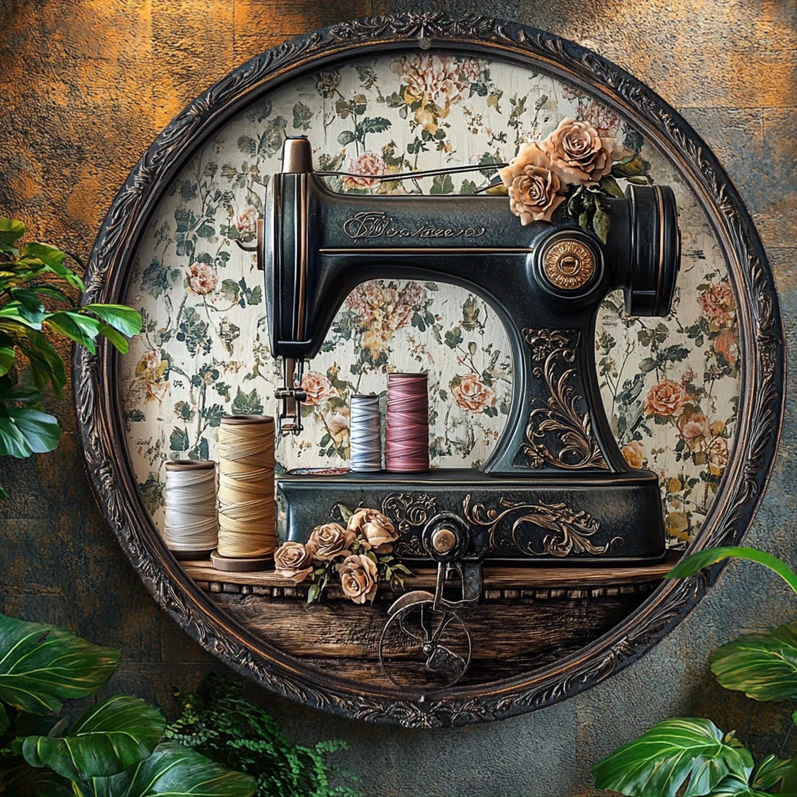 20,3 cm (1 Stück 2D-Vintage-Nähmaschine und Fadenmarkierung, Holzscheibe, Innen-/Außendekoration, Zuhause, Küche, Büro und Garten