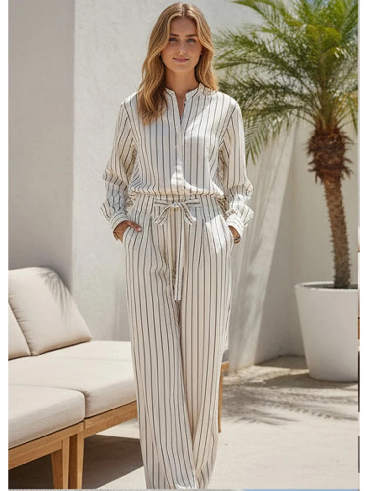 

Women Vertical Stripes Long Pants Suits Casual Full Sleeves Single Breasted Shirts Wide-leg Pant Sets 2026 Daily Street Outfit