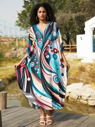 2024 Green Printed Summe Beach Dress For Women Clothing Bohemian V Neck Batwing Sleeve Kaftan Vacation Moo Moo Dreses Q1638