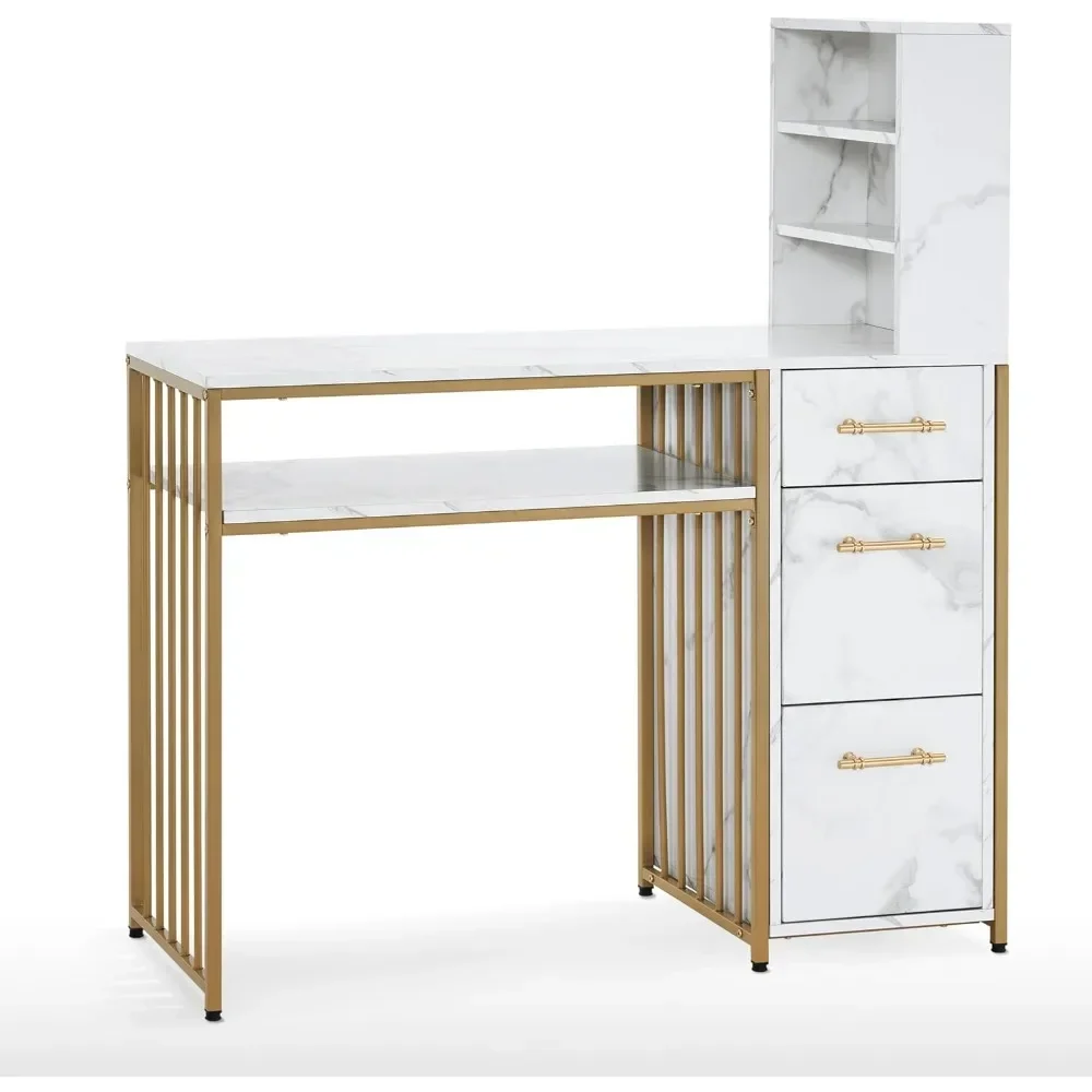 

A modern workstation with drawers, marble textured nail table with storage space, and open shelves