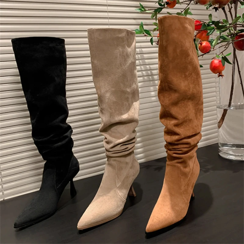 New French Khaki Temperament Pointy Toe High Heels Female Fashion Flock Knee-High Stretch Work Riding Modern Thin Heels Shoes