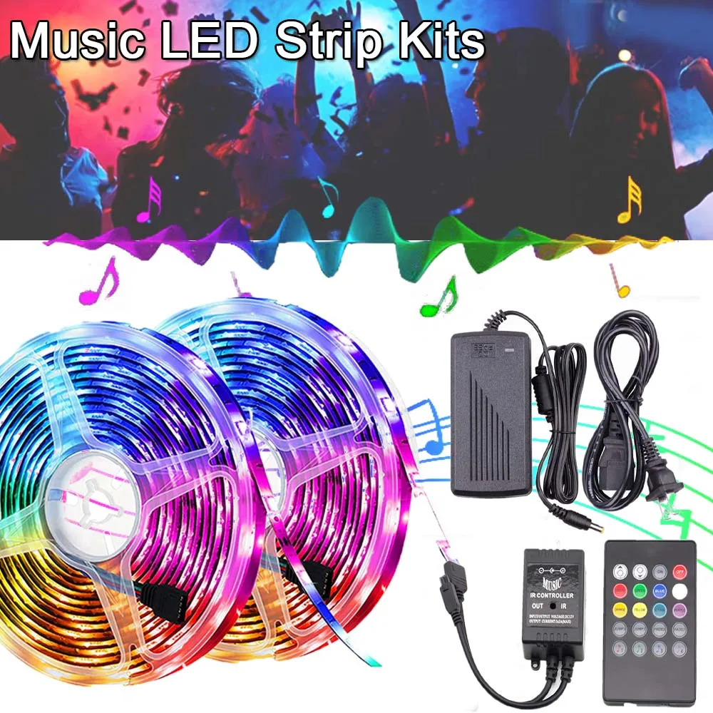 DC 12V SMD 5050 RGB LED Strip Light Kits 2m 3m 5m Lamp Ribbon With Music Controller IP65 Waterproof For Bedroom Party Decoration