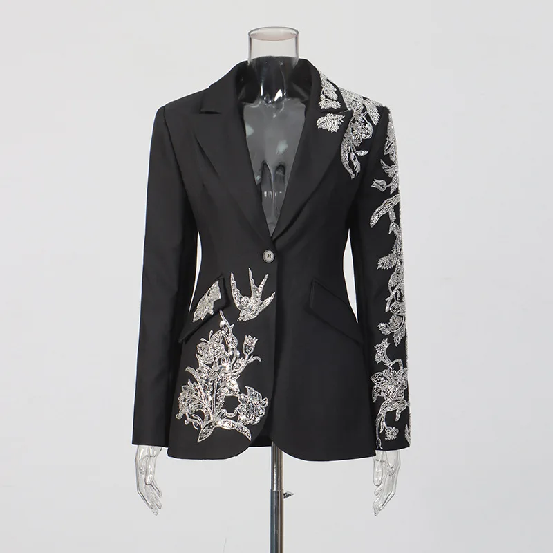 

Street Style Elegant Slim Fit One Button Waist Cinched Sequin Bling Bling Suit Jacket Women Spring Fashion High End