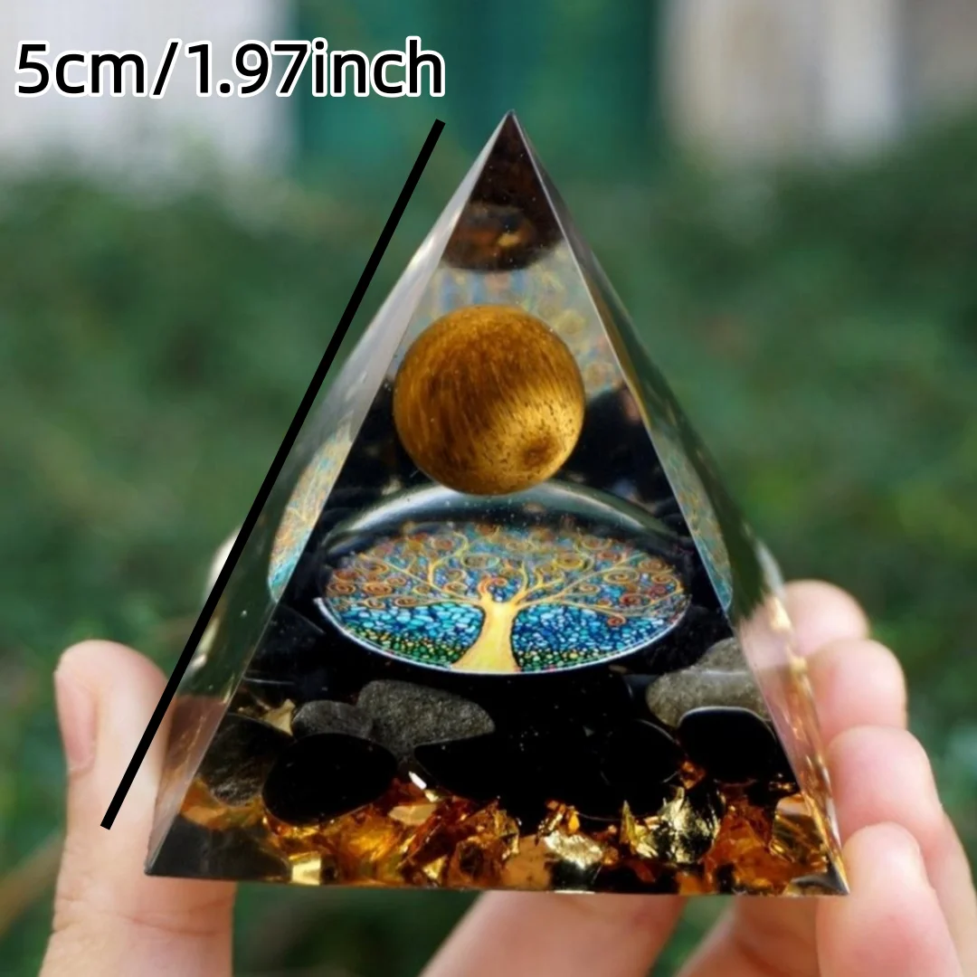 Tree of Life Orgonite Pyramid Natural Tiger Eye Sphere Obsidian Crystal Orgone Meditation Desk Decor Spiritual Crystal Gift