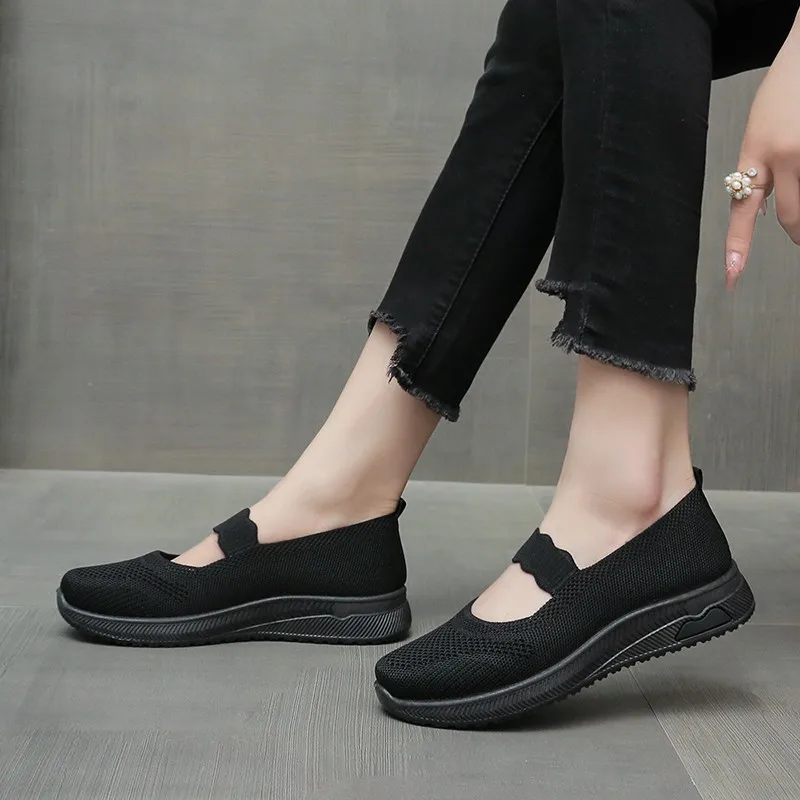 2024 new women Sneaker flat Mesh Knitted slip on mary janes breathable comfort casual design walking black Foam casual shoes