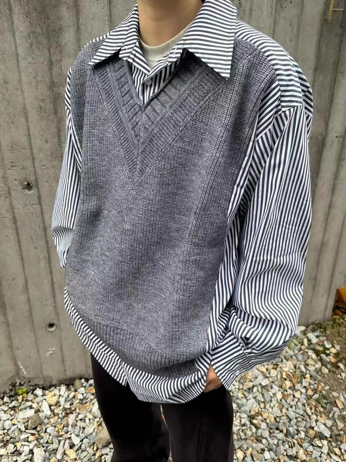 

Men's V-Ne Knitted Sweater Fake Two-Piece Casual Sle Autumn Winter Polyester Fiber Long Sve Loose Fit Warmth Protection