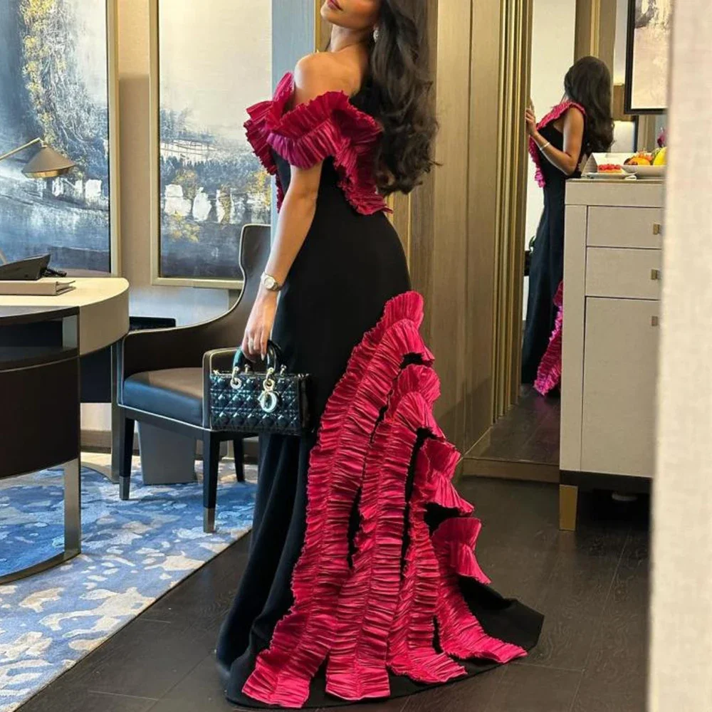 Flechazo Straight Floor Length Evening Dress Short Sleeves Jersey Side Slit with Ruffles Women Customized فستان سهرة نسائي