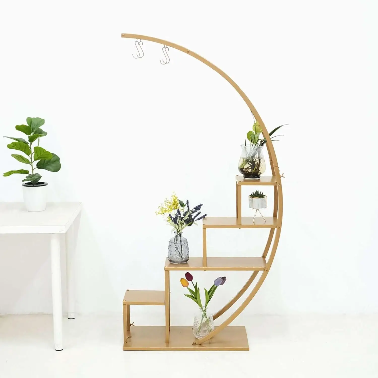 4.5ft Gold Metal 4-Tier Half Moon Plant Shelf Rack With Hanging Hooks Cupcake Dessert Display Stand