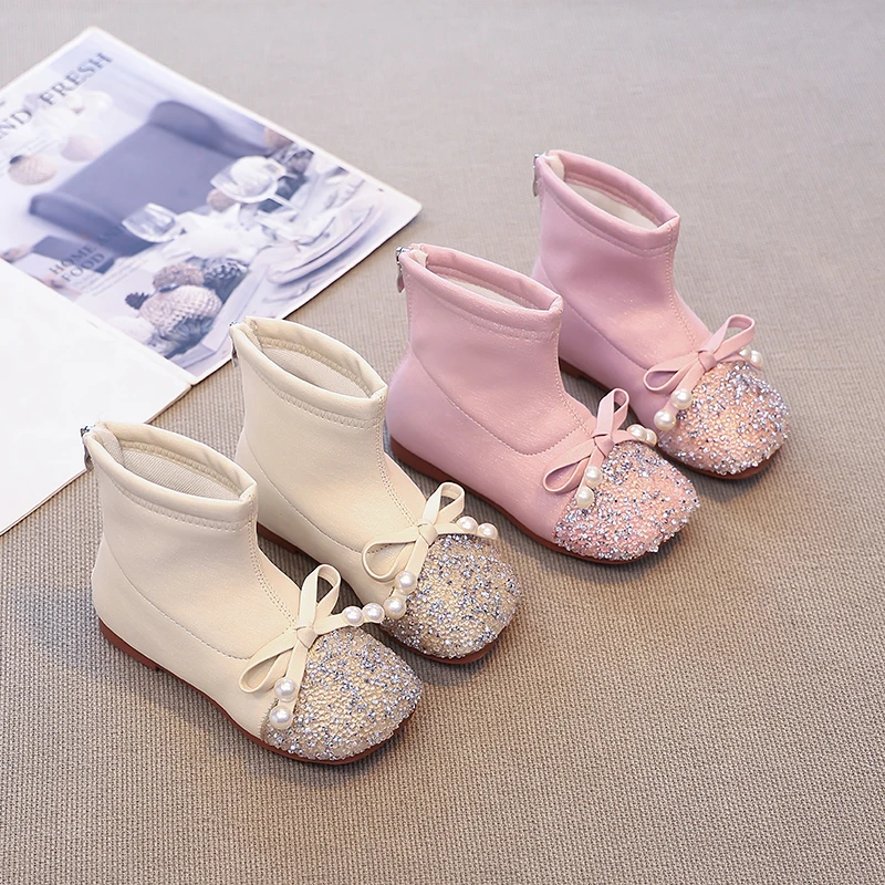 الفتيات حذاء من الجلد الأطفال كريستال الأميرة أحذية مكافحة زلق موضة الاطفال بولي Boots الأحذية الجلدية مع فراشة عقدة حجم 26-35 #4