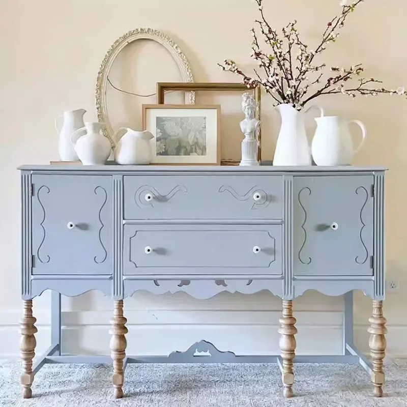 French Blue Solid Wood Sideboard Retro Carved Entryway Console Living Room Storage Cabinet Wine Display Unit Home Decor