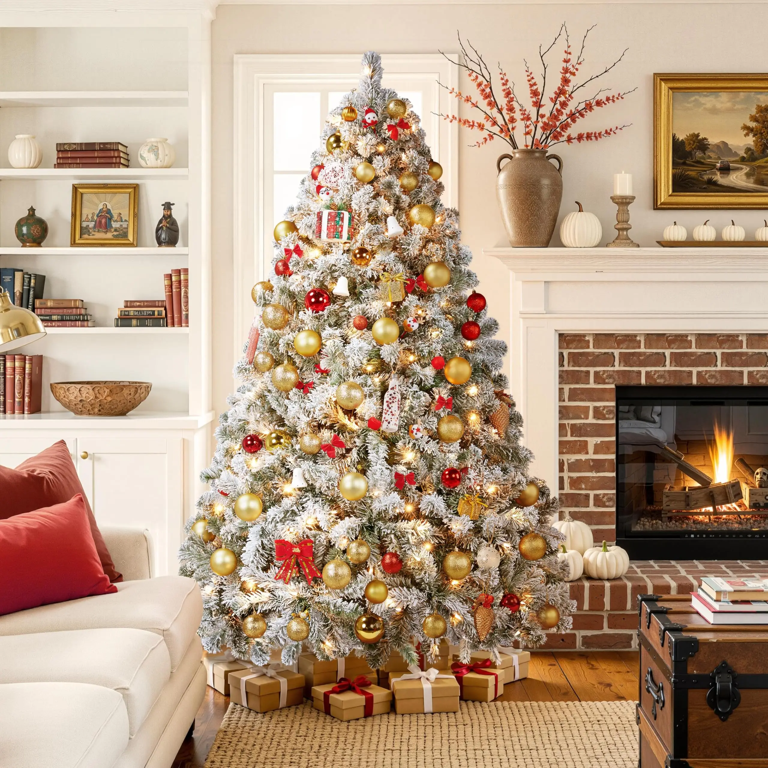 6ft Pre-Lit Snow Flocked Artificial Christmas Tree, 250 Lights