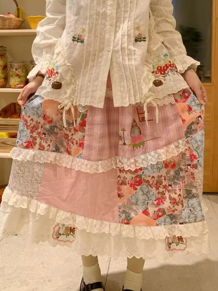 

Vintage Lolita Patchwork Cotton Skirt Women Japanese Mori Girl Embroidery Lace Ruffle High Waist A-line Pleated Midi Skirt