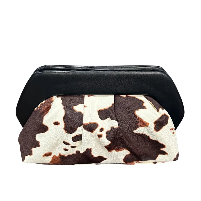 

Retro Cow Pattern Makeup Bag Fashionable Pleated Pu Party Wedding Clutch Bag Women Leopard Print Handheld Lipstick Bag Purse