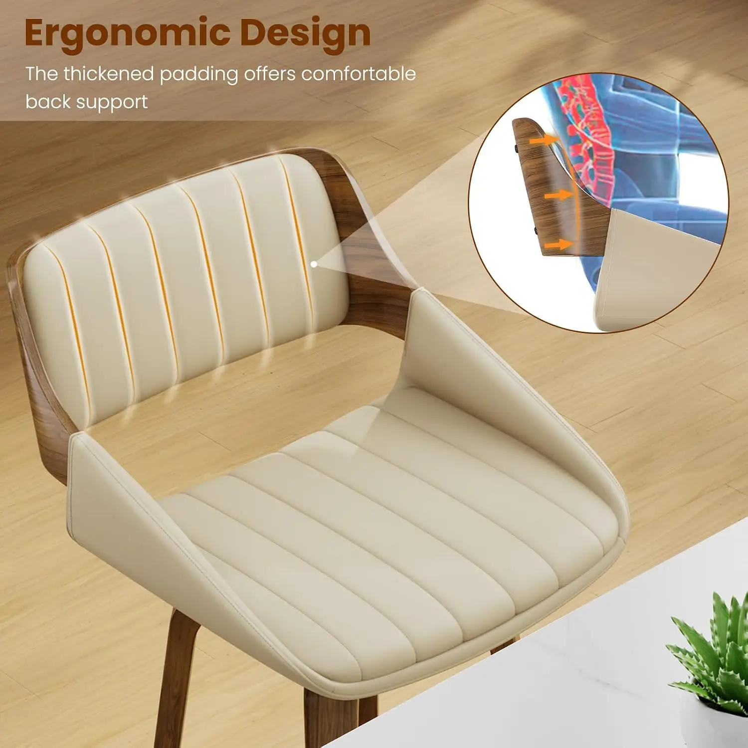 26" Swivel Counter Height Bar Stools Set of 2, Mid-Century Modern Faux Leather Upholstered Beige Chairs for Kitchen Island, Cafe, Dining Room view 4