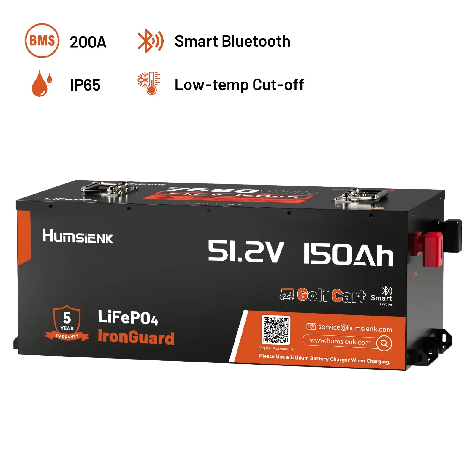 

Аккумулятор Humsienk 48В 150Ач LiFePO4 лезвийного типа 7680Втч для гольф-кара с BMS 200А и Bluetooth: повышенная безопасность, глубокий цикл заряда