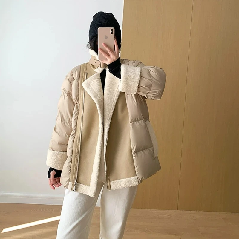 Giacca da moto invernale da donna High Street in pelle di agnello patchwork 90% piumino d'anatra bianco Lady spesso caldo capispalla in PU