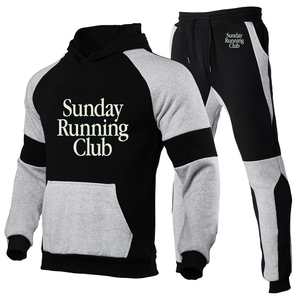 

2026 sunday running club Print Spring And Autumn Men's New Fashion Patchwork Hoodies + Sports Long Pants Trendy Suit