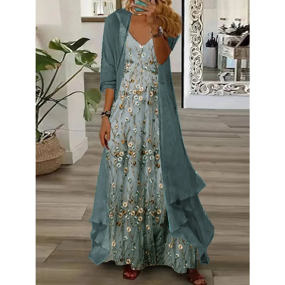 Vintage Printing Chiffon Cardigan 2 Piece Camisole Dress Elegant Autumn Half Sleeve Draped Evening Dresses Women Suit 2026 New