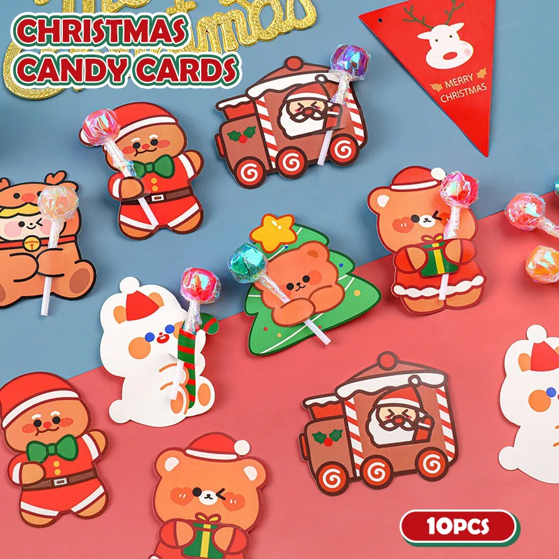 New 10Pcs Cartoons Lollipop Card Christmas Candy Decorations Packaging Card Cute Xmas Tree Santa Claus Lollipop Holder Gifts