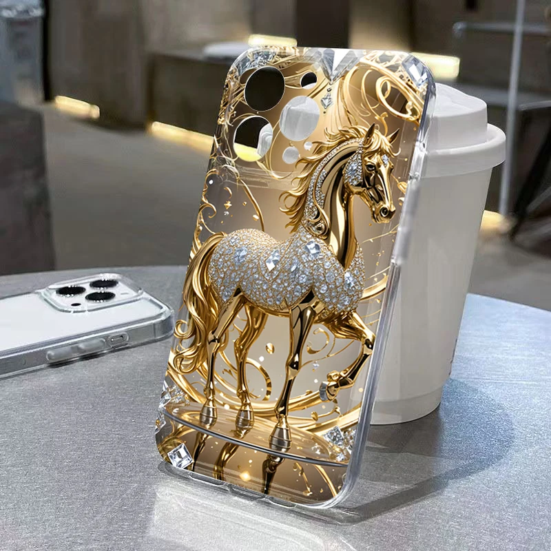 Golden Horse Diamond Phone Case for Xiaomi Mi 15T 11 11T Poco F7 F5 X7 X6 X5 M7 Pro NFC Lite GT Pro 4G 5G Transparent Soft TPU