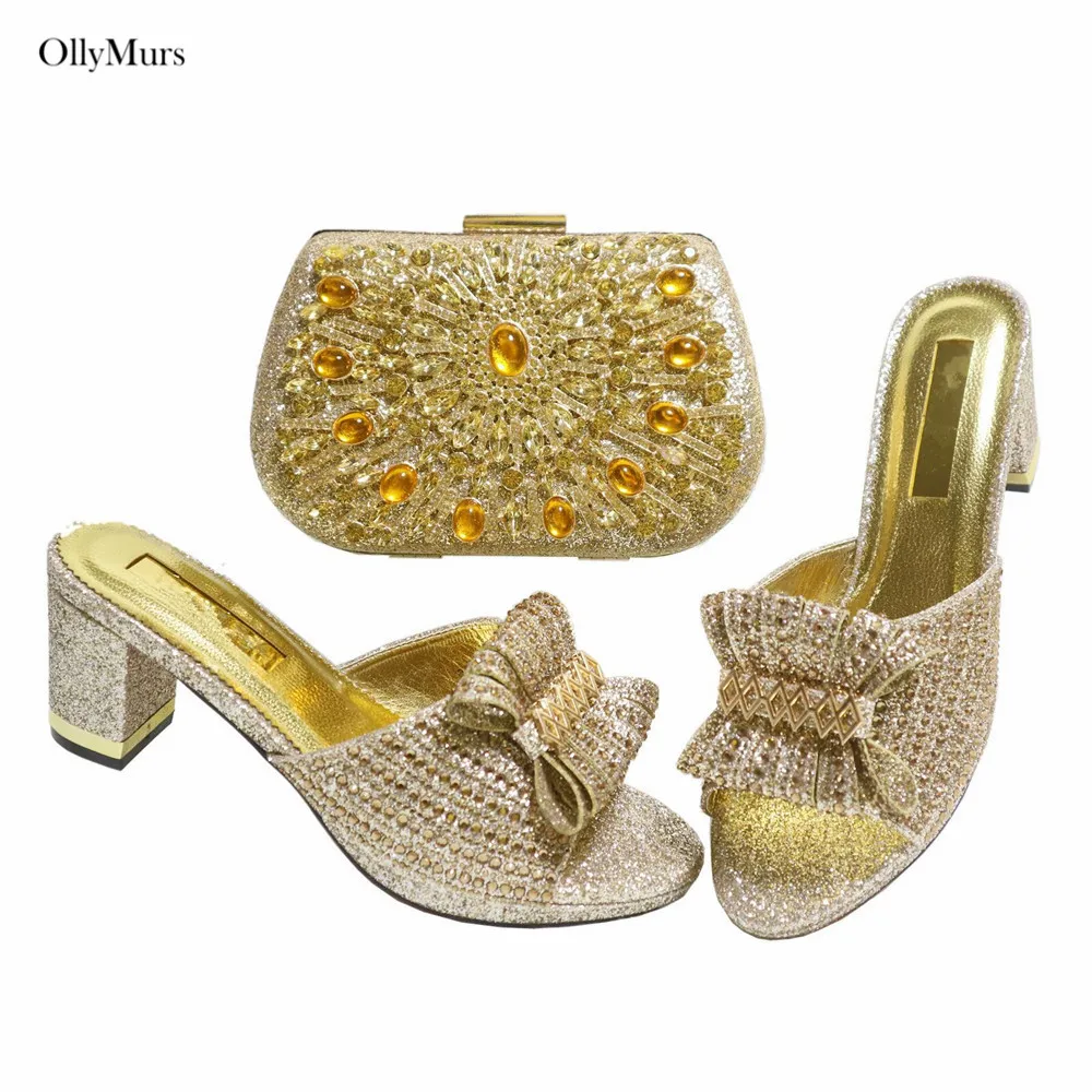 

Italian Style Decorated With Rhinestone Shoes And Bag Set Summer Fashion Square Heels Shoes And Bag Set For Wedding Party