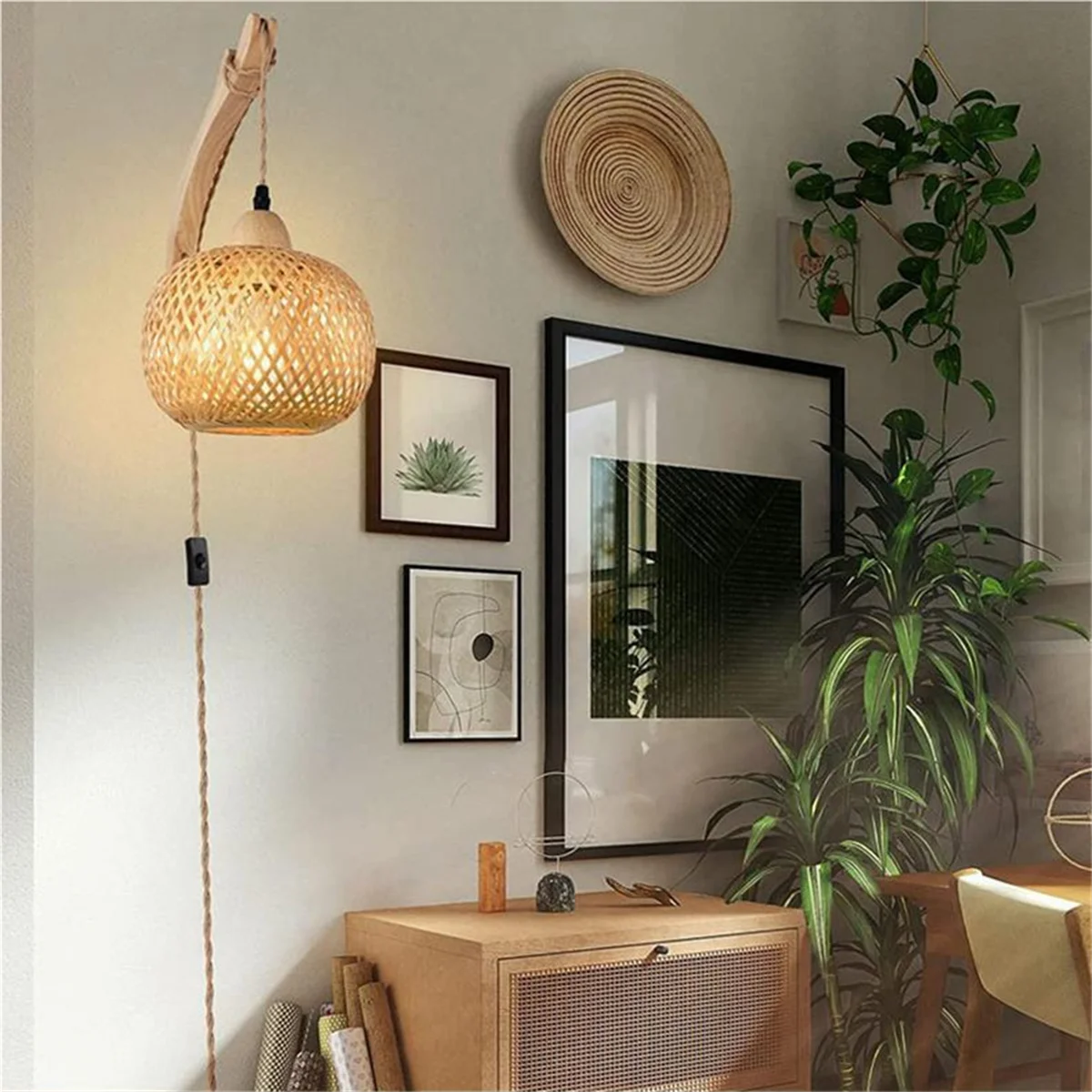 Retro Japanese Bamboo Bedside Wall Lamp, US Plug B