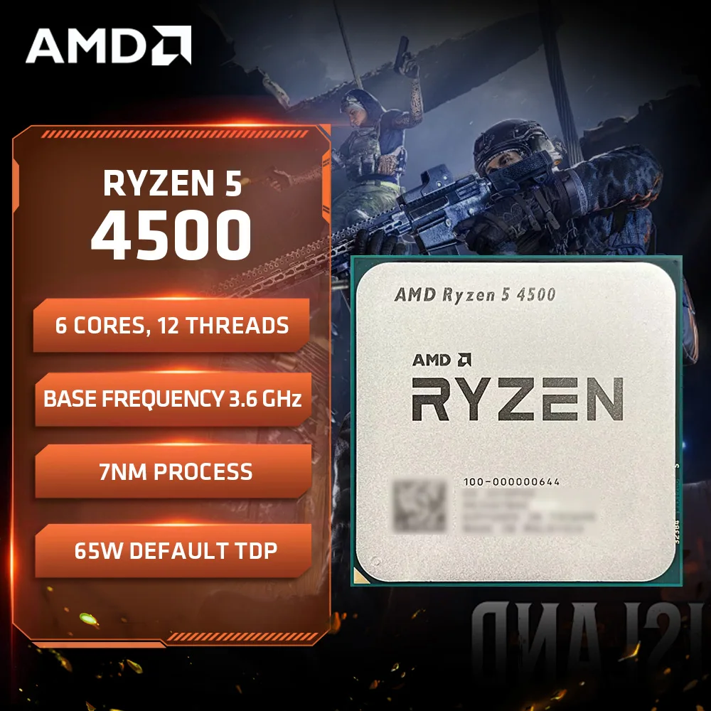 AMD Ryzen 5 4500, CPU AMD 4500 totalmente nova, 6 núcleos, 12 threads, 4,1 GHz, 8 MB de memória cache L3, soquete AM4, TDP de 65 W, com gráficos Radeon de 1250 MHz.