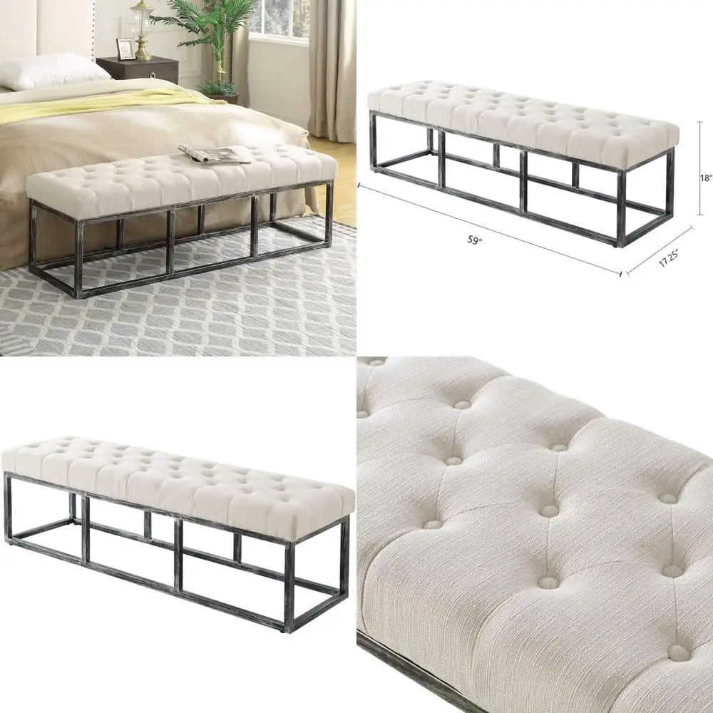 

Тафтинговая скамейка с обивкой из льна цвета слоновой кости, металлическим каркасом и мягким сиденьем