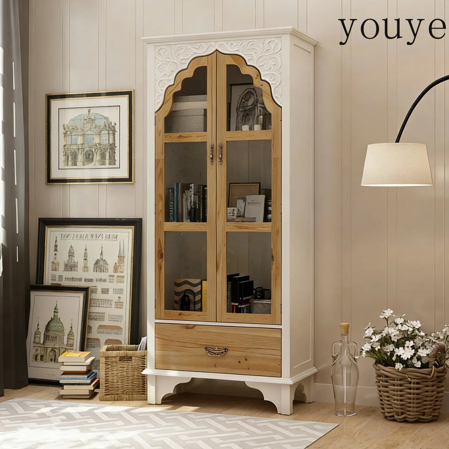 American-style light luxury solid wood bookcase, natural wood-style two-tone glass door, French vintage carved sideboard