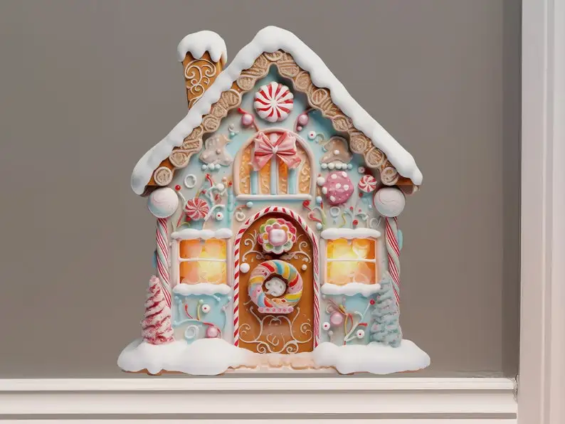 

Christmas Village House Wall Sticker - Gingerbread House Decor with Candy Cane and Christmas Cookies