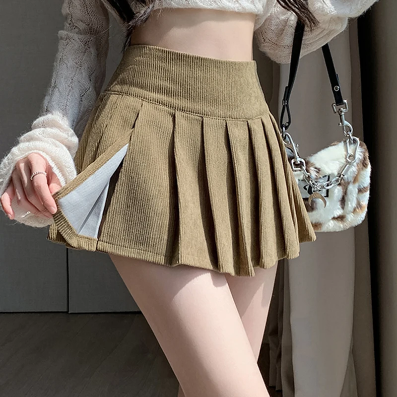 Autumn Winter Vintage Corduroy Pleated Mini Skirts Woman 2023 High Waist Casual Slim Y2k Kawaii Short Saias Female