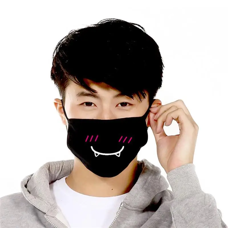 Cartoon Cotton Mask para homens e mulheres, Expressão engraçada, Dustproof, Windproof, Desenhos animados, Anime, Face, Boca, Preto, Unisex, 5Pcs, Conjunto