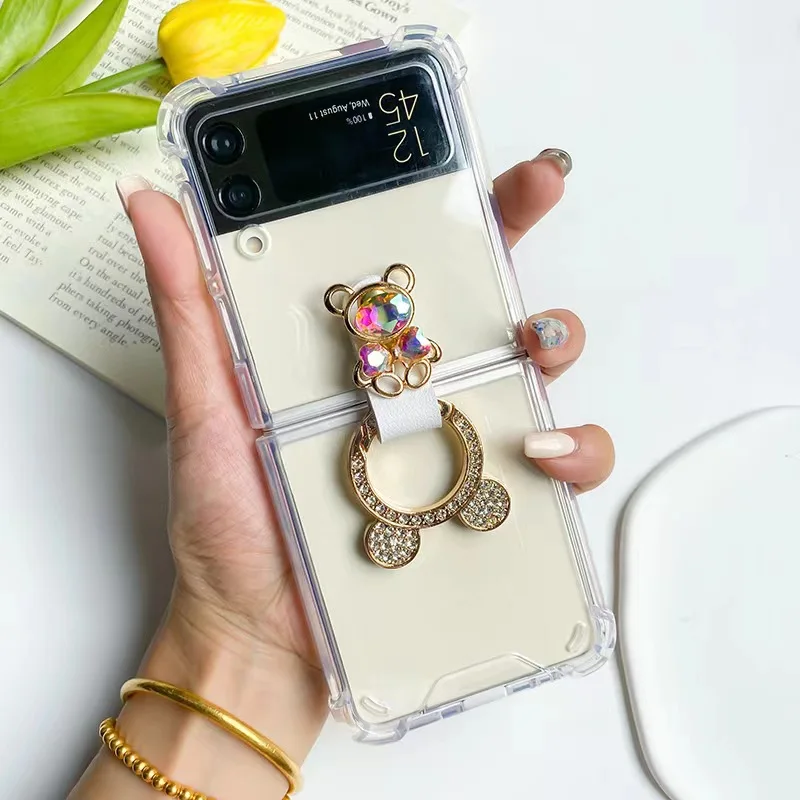 Airbag Anti-fall phone case Samsung zflip4 Folding machine Protective case Set zflip3 5G Transparent Bear diamond-encrusted ring