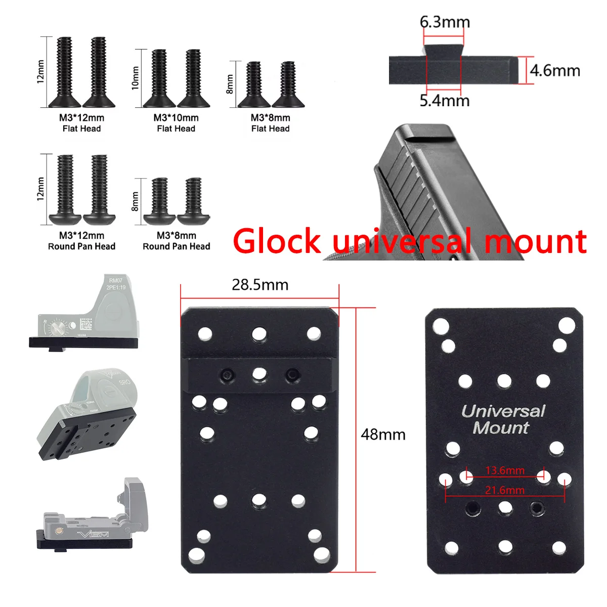 

Tactical Universal Metal GLOCK Mount Pistol Red Dot Sight M3 Screw Kit M3 8/10/12mm Compatible Adapter Fits Glock 17 19 Handgun