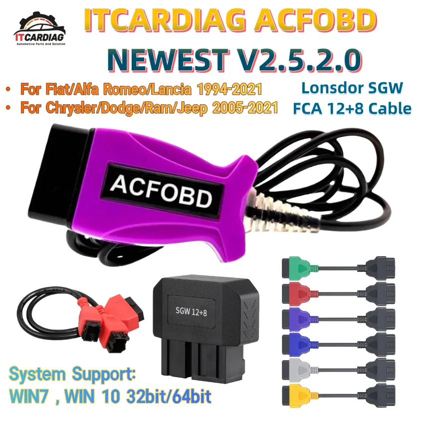 ITCARDIAG ACFOBD V2.5.2.0 OBD2 Scanner Lonsdor SGW 12+8 Specialized Adapter for Chrysler Dodge Ram Jeep FCA Support WIN11