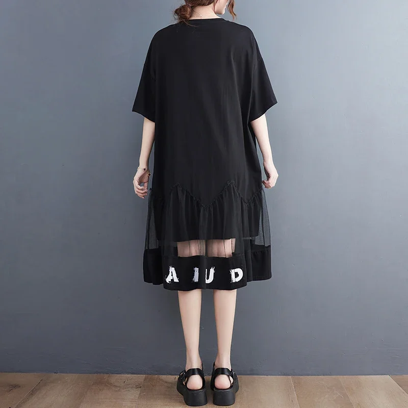 Summer New Loose Casual Printed Fashionable Splicing Mesh Black Personalized Midi Shirt Dress