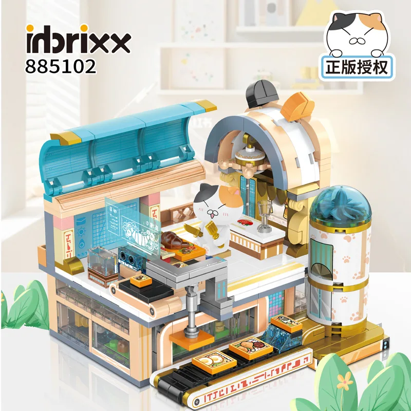 Casa de bloques de construcción con vista a la calle de ciudad creativa, rompecabezas DIY de cocina para gatos, bonito adorno de escritorio para amantes de los gatos, regalo de cumpleaños